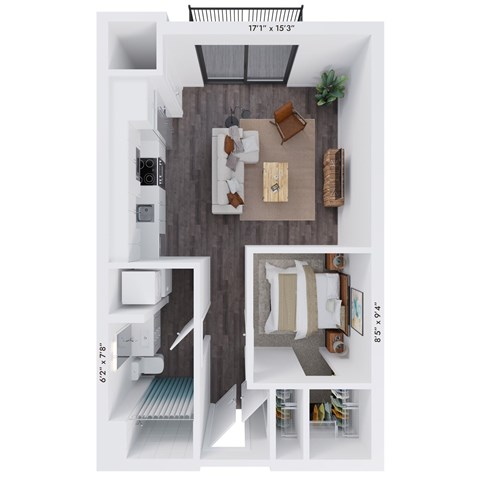 Floor plan for 1 bed, 1 bath, 632 sqft